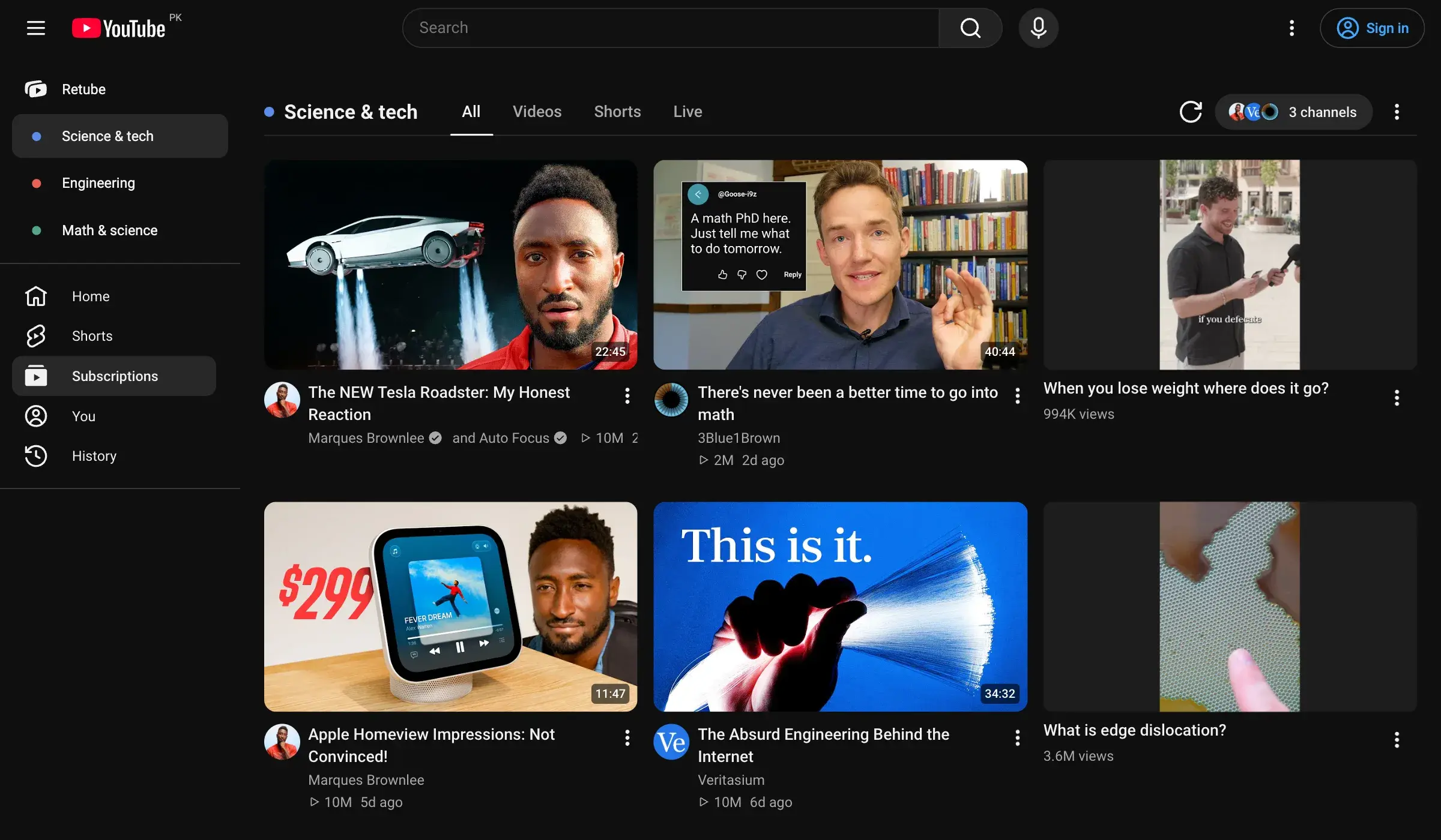 Retube’s Science & tech feed inside YouTube, with custom feeds in the sidebar and videos from 3Blue1Brown, Marques Brownlee, and Veritasium.