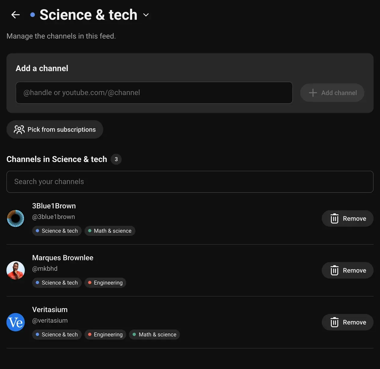 Retube’s channel manager with the add-channel form and the channels in Science & tech