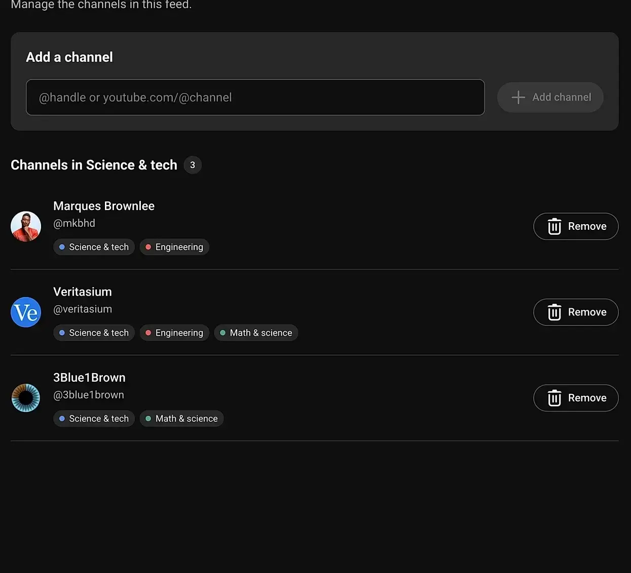 Retube’s add-channel form and the channels added to Science & tech