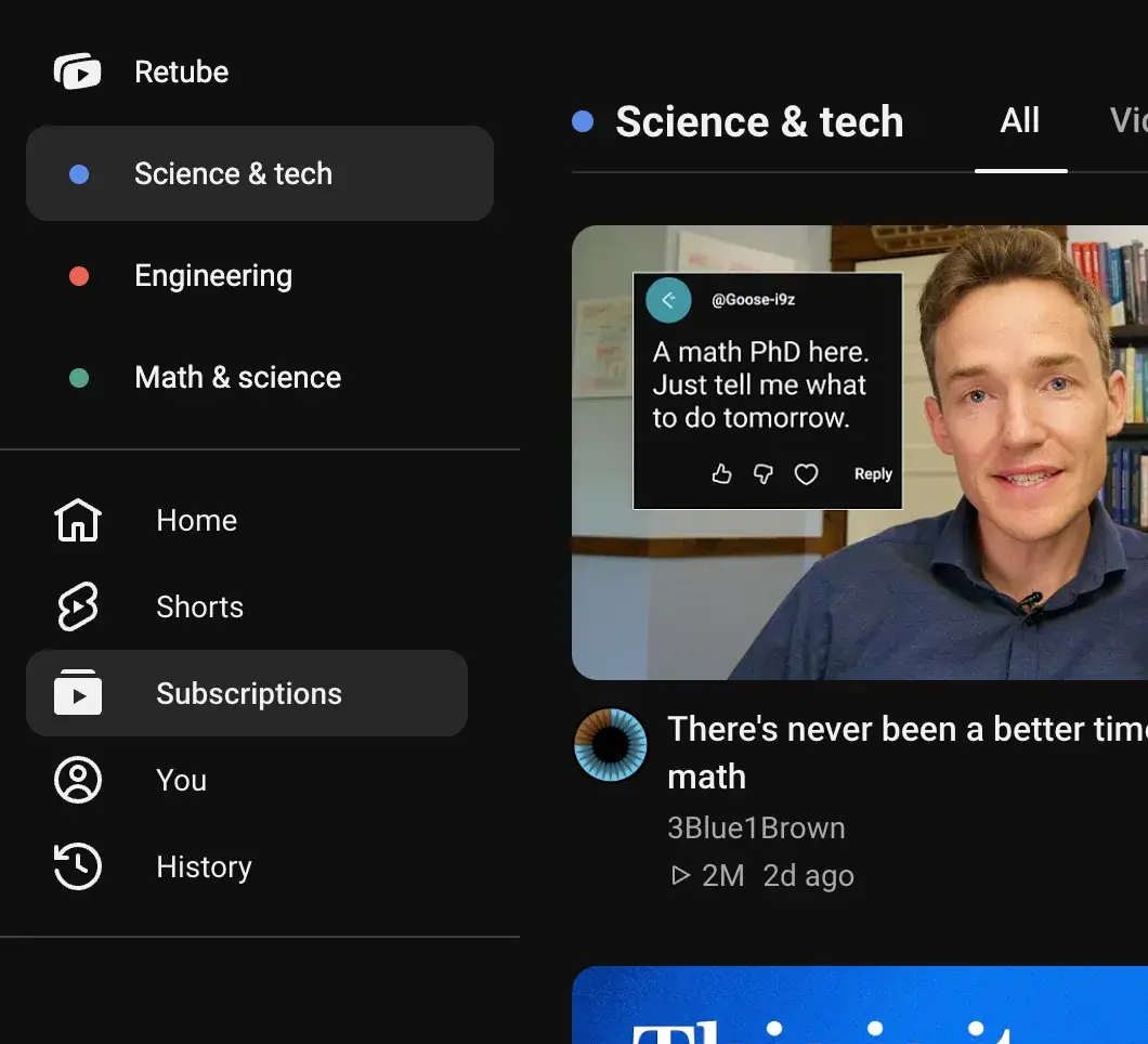 Retube feeds in YouTube’s sidebar beside videos from the channels in that feed