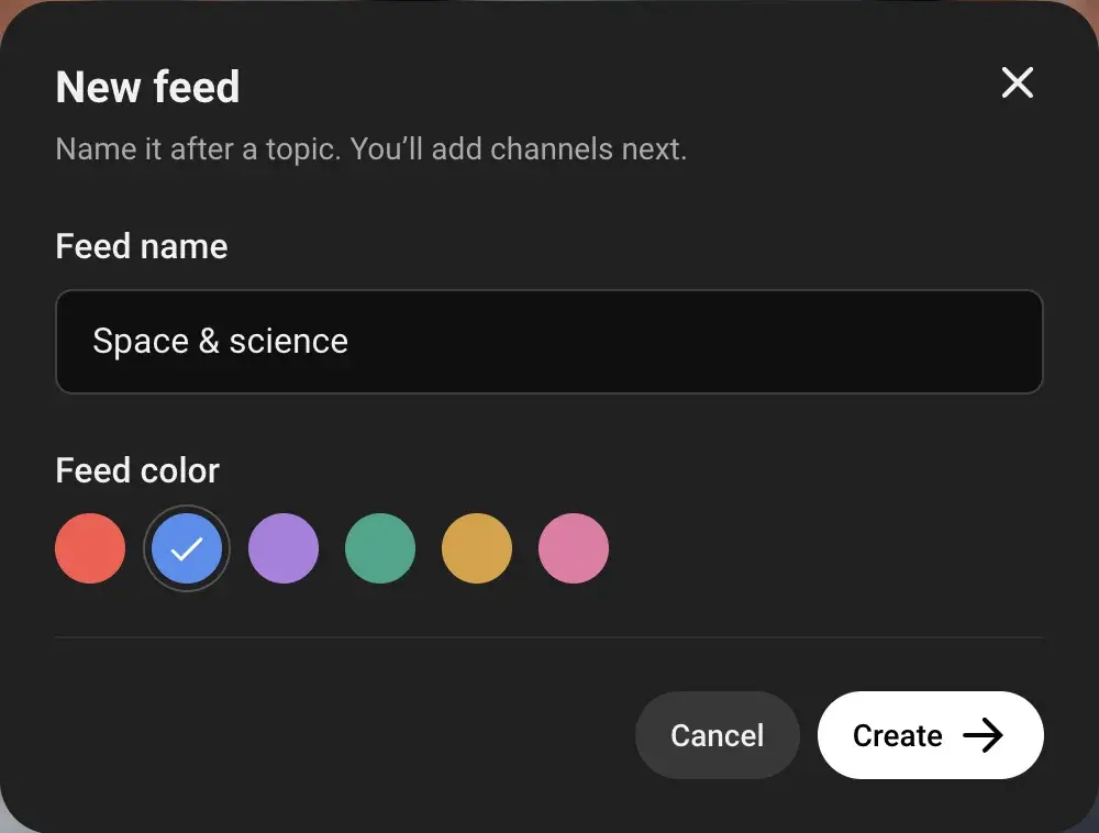 Retube’s new-feed dialog with name and feed color controls