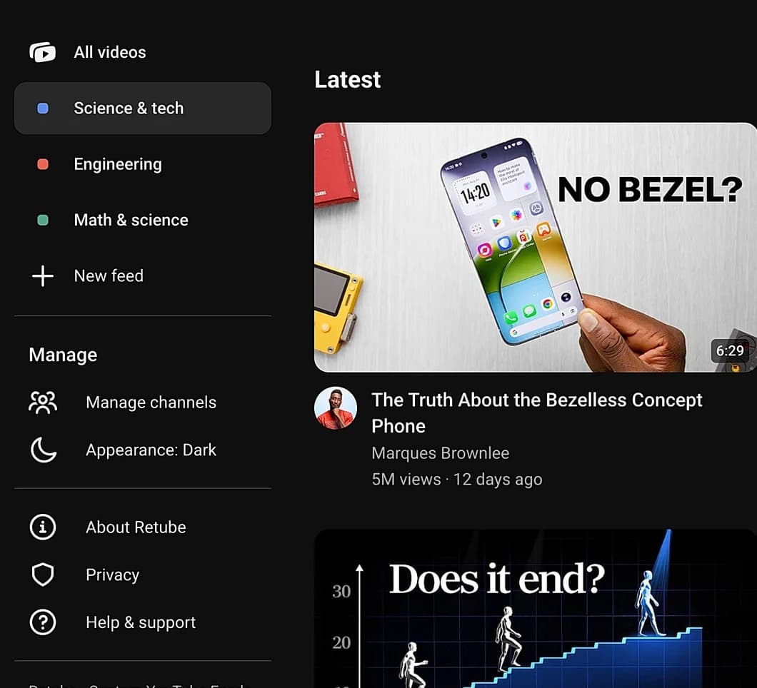 Custom feed sidebar beside videos from the channels in that feed