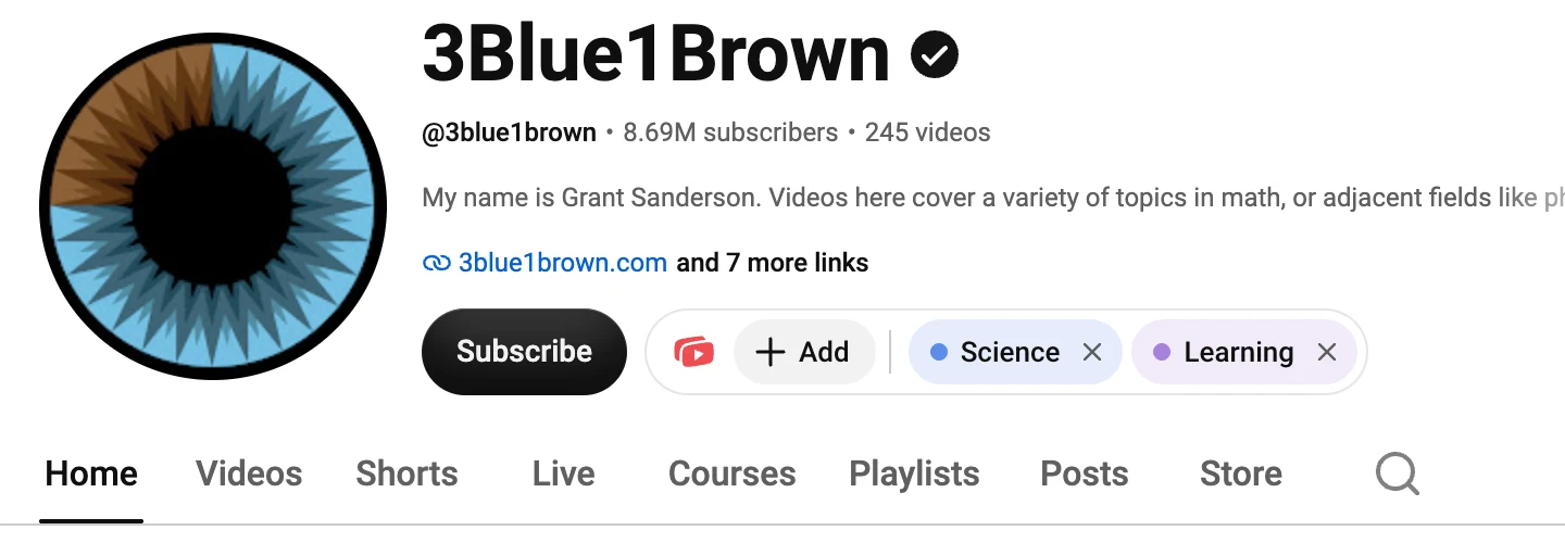 A YouTube channel page for 3Blue1Brown. Beside Subscribe, a Retube group shows the Retube mark, an Add button, and the channel’s feeds, Science and Learning, as chips with remove buttons.