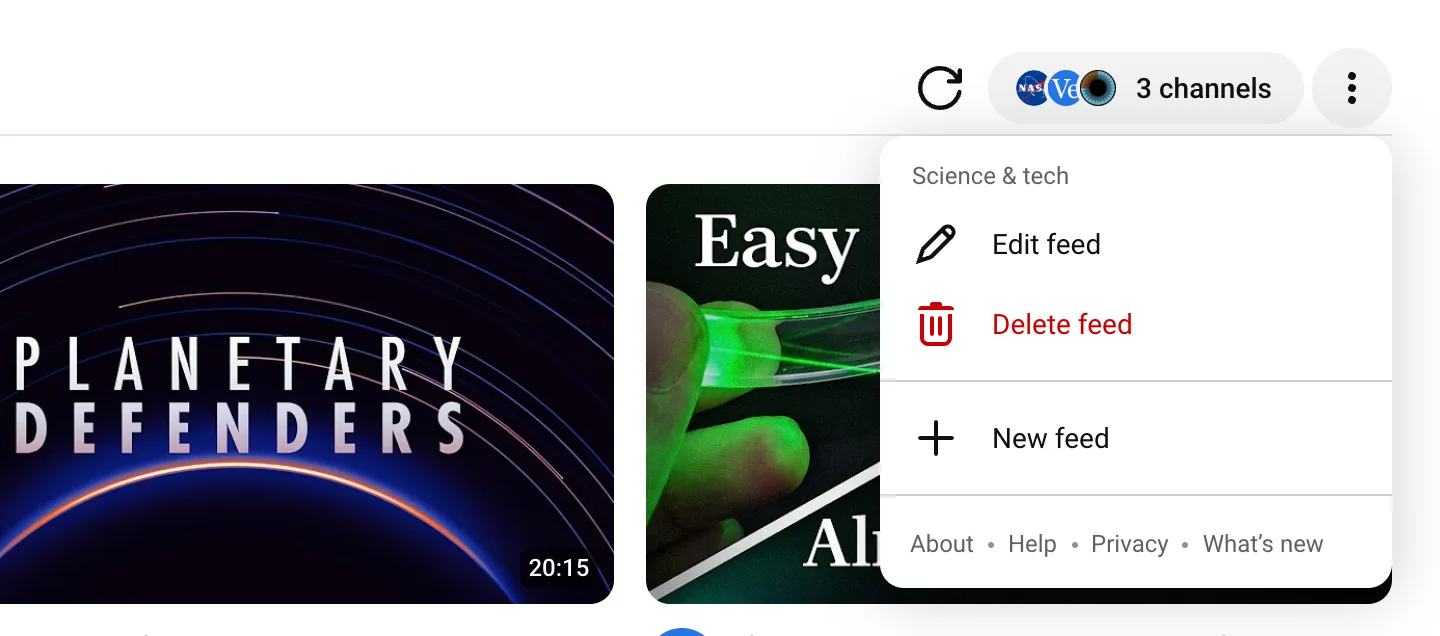 The feed menu open below the three-dot button. It is headed Science & tech and lists Edit feed, Delete feed in red, and New feed, with About, Help, Privacy, and What’s new links along the bottom.